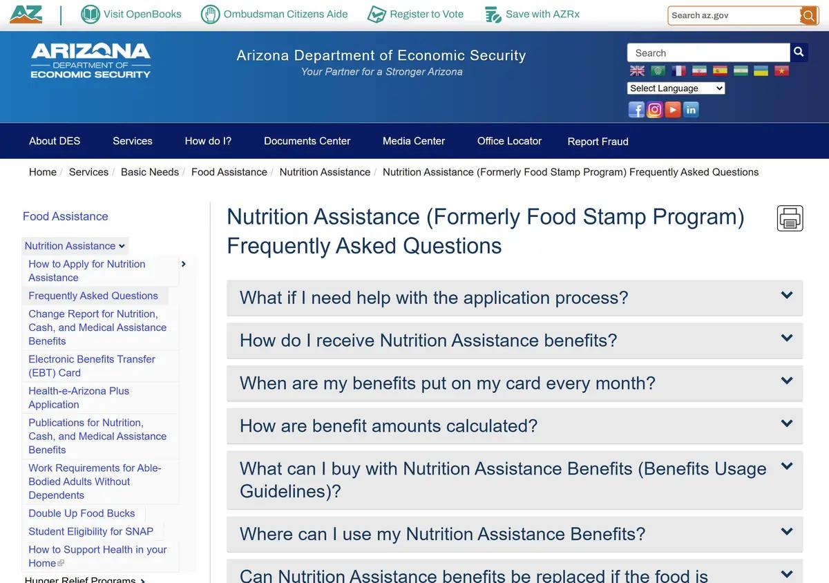 Arizona DES Nutrition Assistance frequently asked questions page