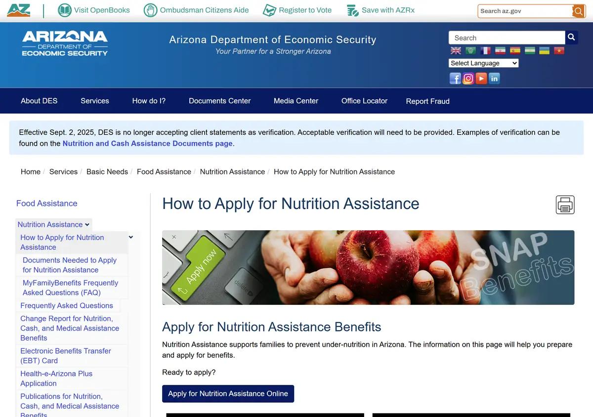 Arizona DES page showing Nutrition Assistance application instructions