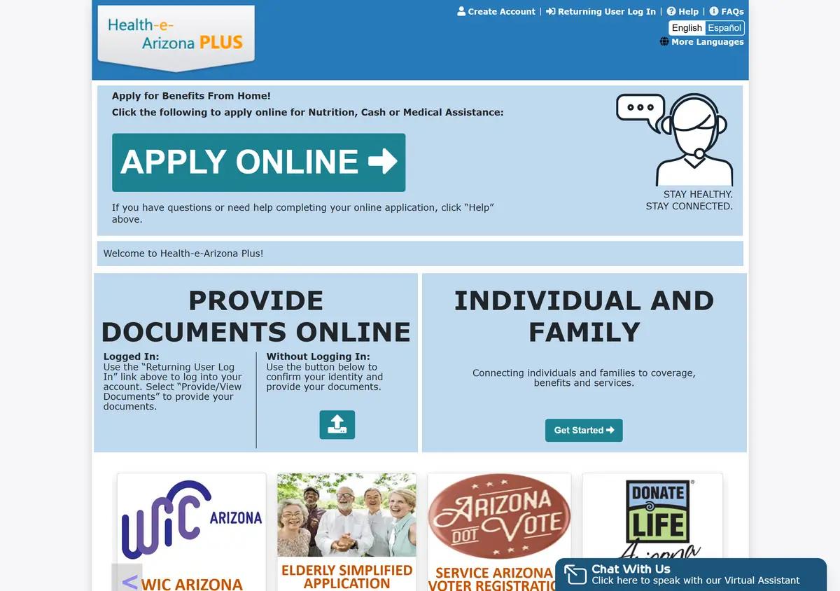 Health-e-Arizona Plus benefits application portal