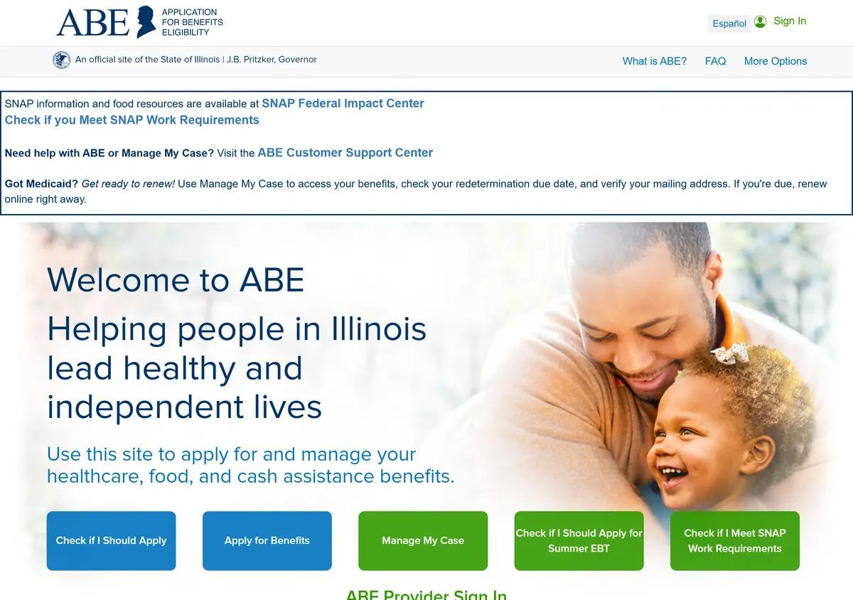 The ABE (Application for Benefits Eligibility) portal homepage at abe.illinois.gov.