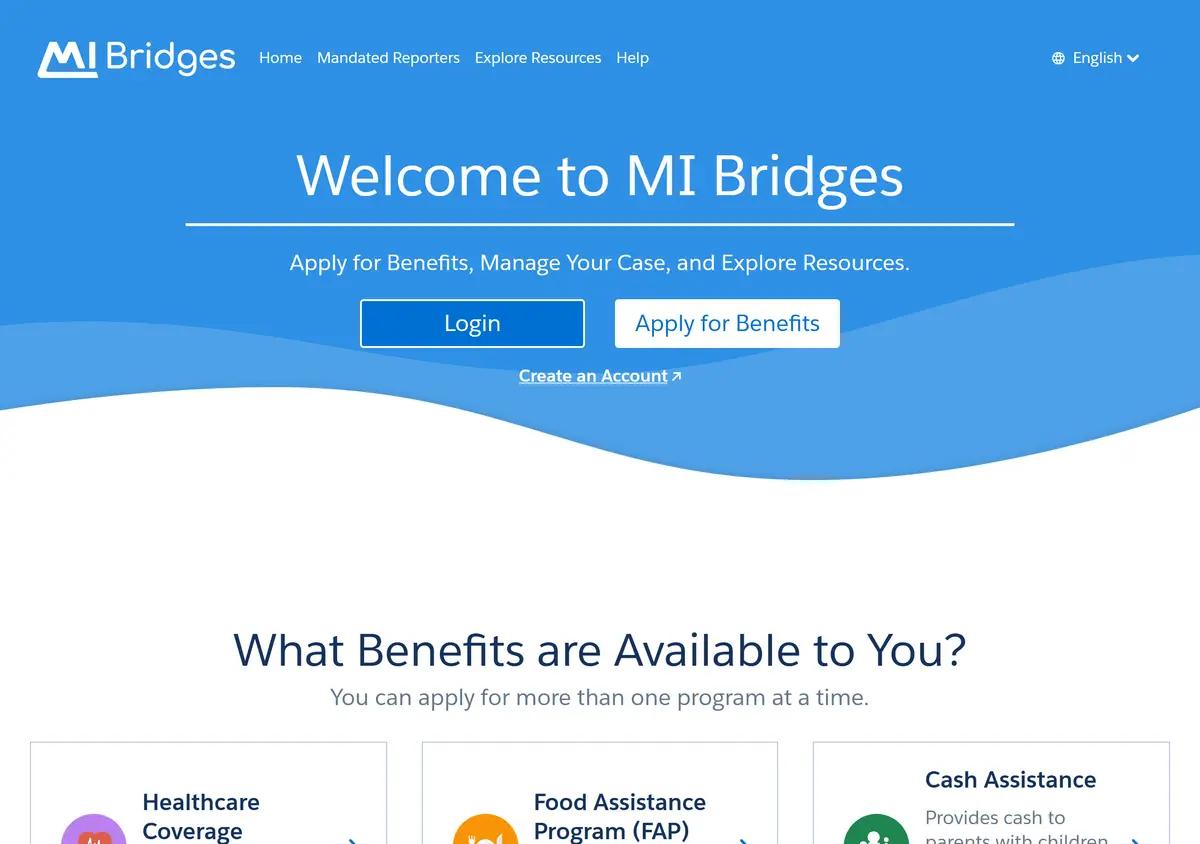 The MI Bridges portal homepage at michigan.gov/mibridges.