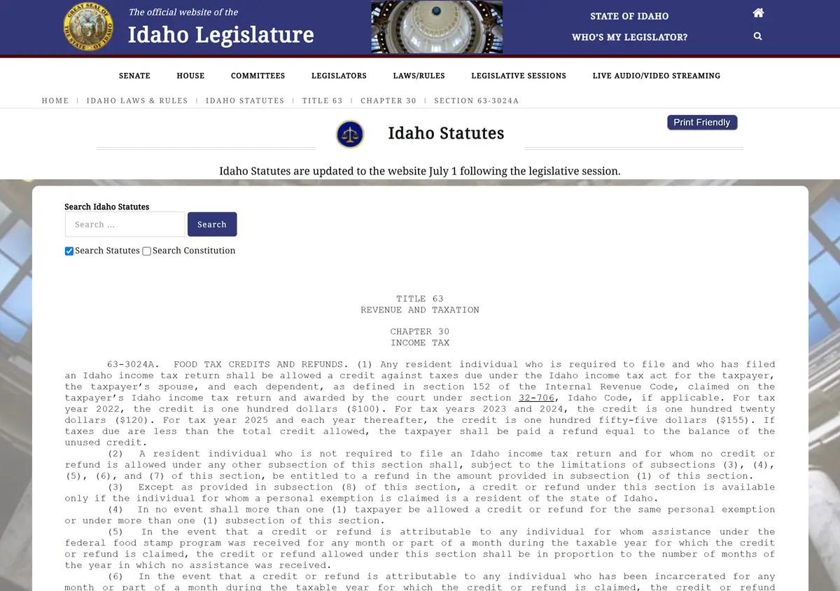 The text of Idaho Code section 63-3024A on the state legislature site.