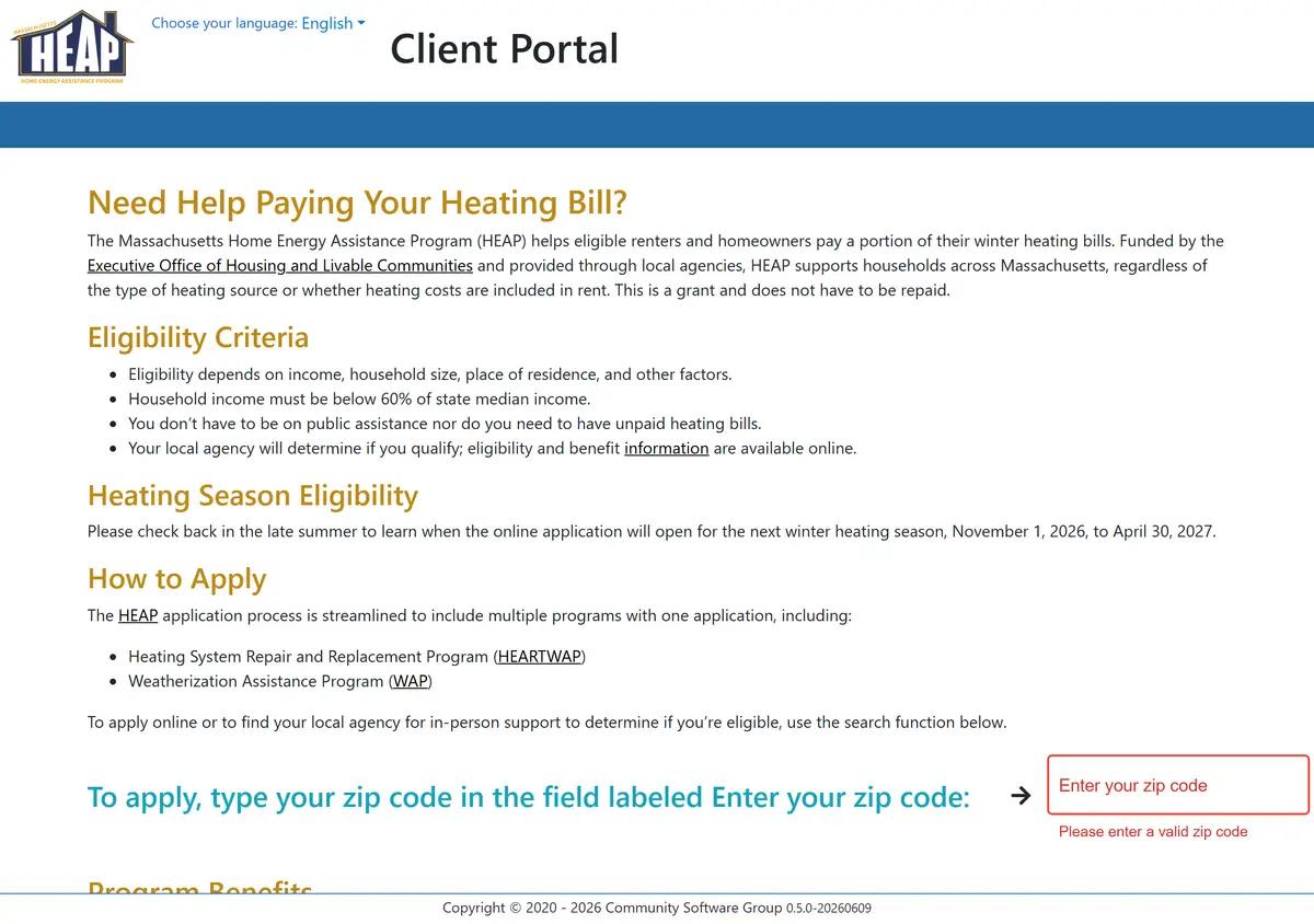 The Massachusetts HEAP online application portal.