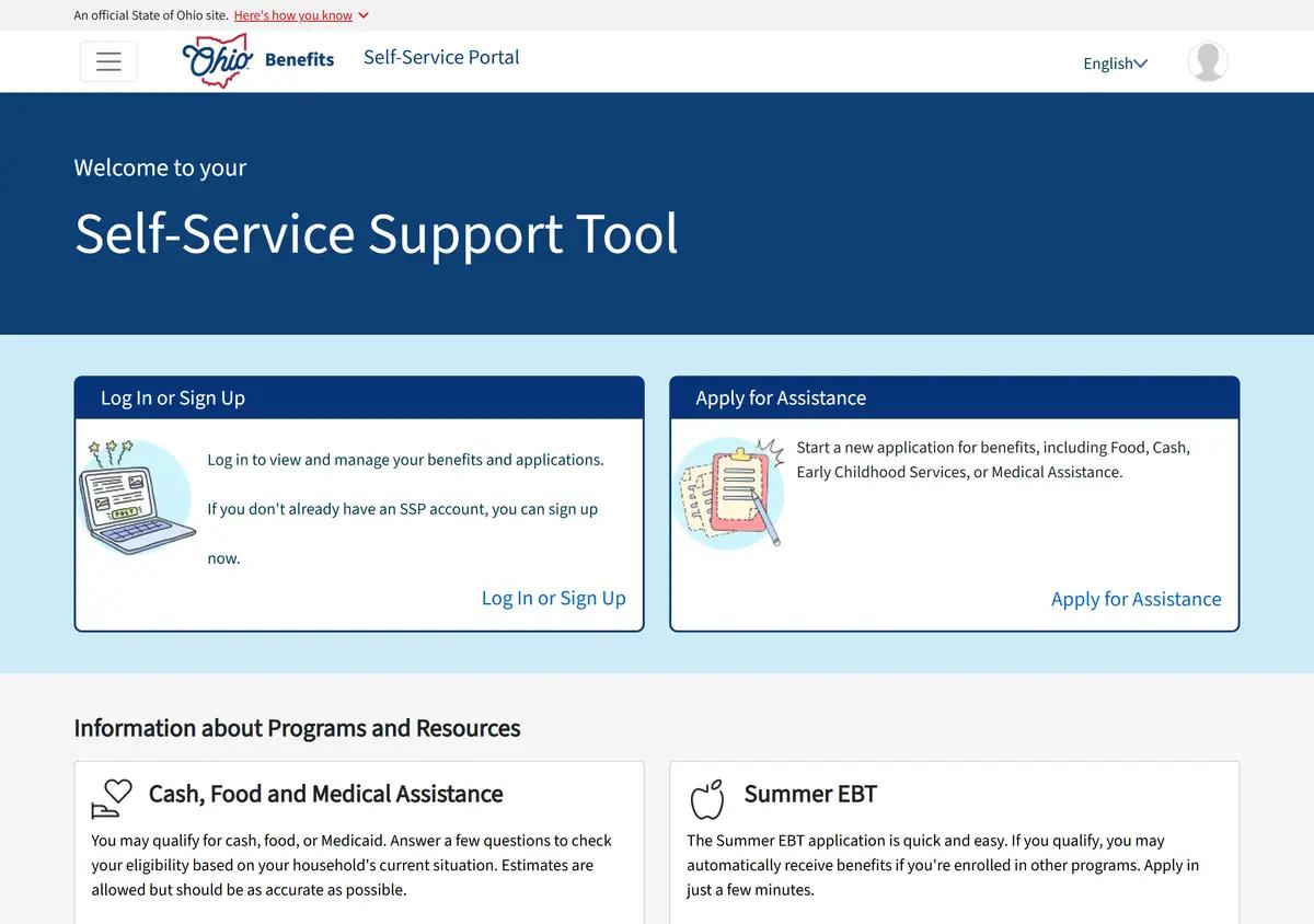 The Ohio Benefits Self-Service Portal homepage at ssp.benefits.ohio.gov.